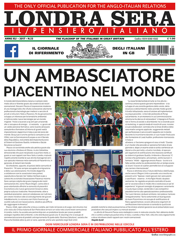 UN AMBASCIATORE PIACENTINO NEL MONDO, ARTICOLO SU LONDRA SERA